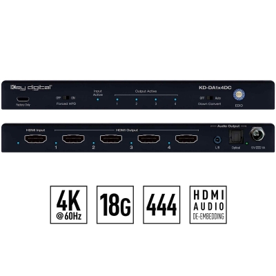 Key Digital 1x4 4K 18G HDMI Distribution Amplifier with Audio De-Embed, 4K to 1080p Down-Convert