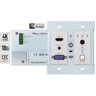 Key Digital 4K/18G 40m HDBT PoH Wall Plate Switcher with HDMI & VGA (pieza)