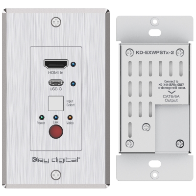 Key Digital  Single Gang HDMI USB-C over 164ft / 50m CAT5e/6 Auto Switching Wall Plate Transmitter with Receiver Kit.