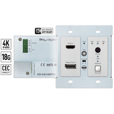 Key Digital 4K/18G 40m HDBT PoH Wall Plate Switcher with HDMI & DisplayPort (pieza)