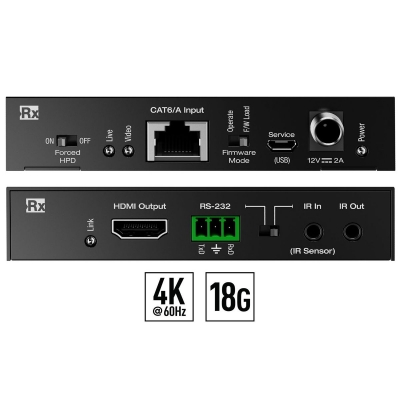 Key Digital 4K 18G HDMI over 70m / 230ft CAT5e/6 Extender Set with Power over CAT, HDMI Pass Thru, IR, RS-232