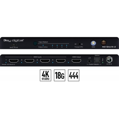 Key Digital 4x1 4K/18G HDMI Switcher with L/R & Optical Audio De-Embed Output(pieza)