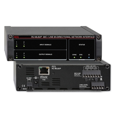 RDL Mic/Line Bi-Directional Network Interface - 2 Switchable Mic or Line Inputs, Dante Input - 2 Balanced Line Outputs, Dante Output - with PoE